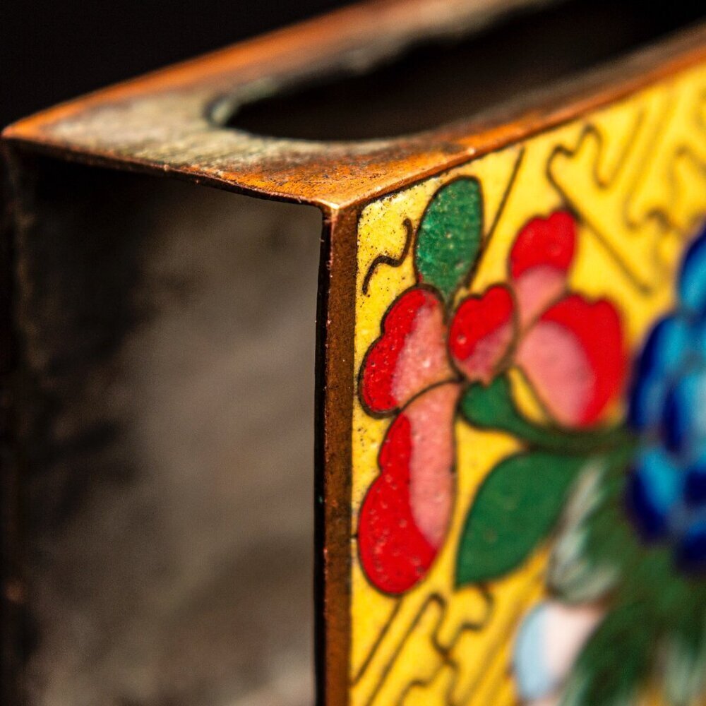 Vintage Cloisonné Enamel Copper Matchbox Holder With Floral Design - Picture 5 of 7